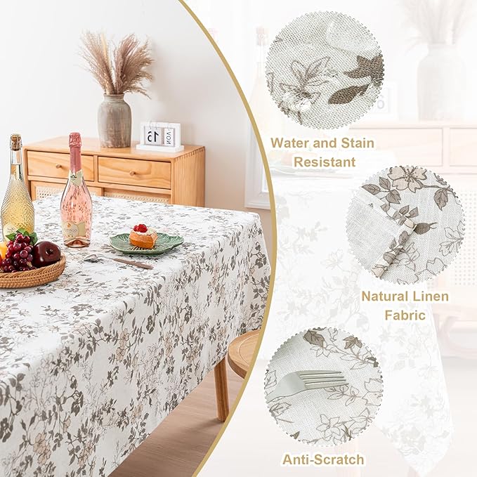H.VERSAILTEX Linen Table Cloths Floral Printed Tablecloth Spill-Proof Waterproof Table Cover for Dining Buffet Feature Soft and Thick Fabric Wrinkle Free, 60 x 120 Inch, Retro Floral - Brown