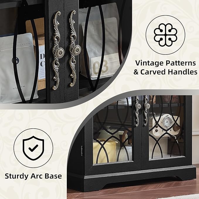 67" Tall Pantry Cabinet Set of 2, Vintage Kitchen Pantries Cabinets with Glass Doors & Adjustable Shelves, Wood Cupboard with Large Storage for Dingning Room, Bathroom, Black