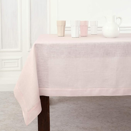 Solino Home Linen Tablecloth 60 x 132 Inch - Classic Hemstitch 100% Pure Linen Pink Table Cloth for Rectangle Tables - Machine Washable Tablecloth for Valentines, Spring, Easter
