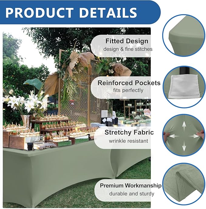 Enjoyidea Fitted Table Cover for 4ft Rectangular Tables-8 Pack Sage Stretch Spandex Tablecloths-Elastic Folding Tablecloths for Party, Vendor Booth Display, Banquet Buffet Event, Craft Trade Show