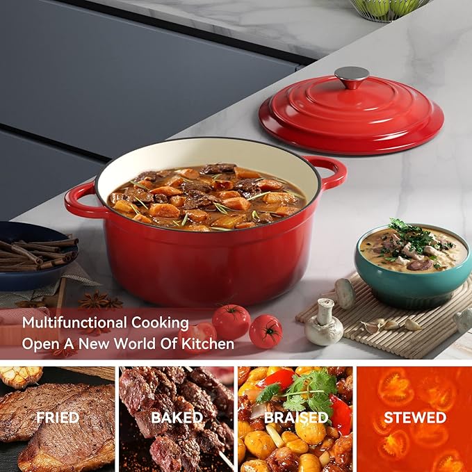 Miereirl 4.5 Quart Enameled Dutch Oven Pot with Lid, Cast Iron Dutch Oven with Dual Handles for Bread Baking, Cooking, Non-stick Enamel Coated Cookware (Red)