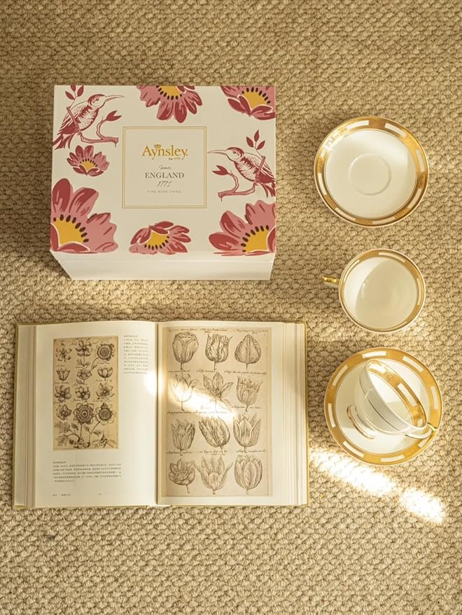 Aynsley Empress Athens 2-Piece Bone China Teacup with Saucer - 6oz Cup, 5.9-inch Saucer, 24K Gold Hand-Painted Relief Design - Elegant Luxury Gift Set