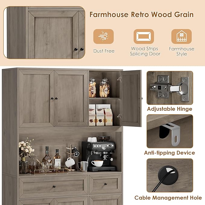 72" Kitchen Pantry Cabinet, Kitchen Hutch with Microwave Stand, Buffet Cabinet with Hutch for Dining Room, Ash Gray