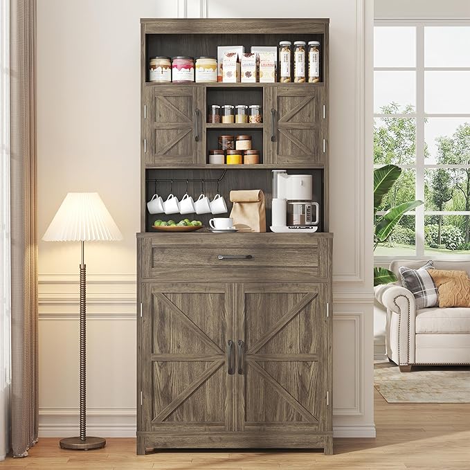 69" Tall Farmhouse Kitchen Pantry Cabinet, Kitchen Hutch Bar Cabinet with Drawers&Cup Holder, Large Wooden Storage Cabinets with Barn Doors&Microwave Stand, Cupboard for Dining Room(Ash Grey)