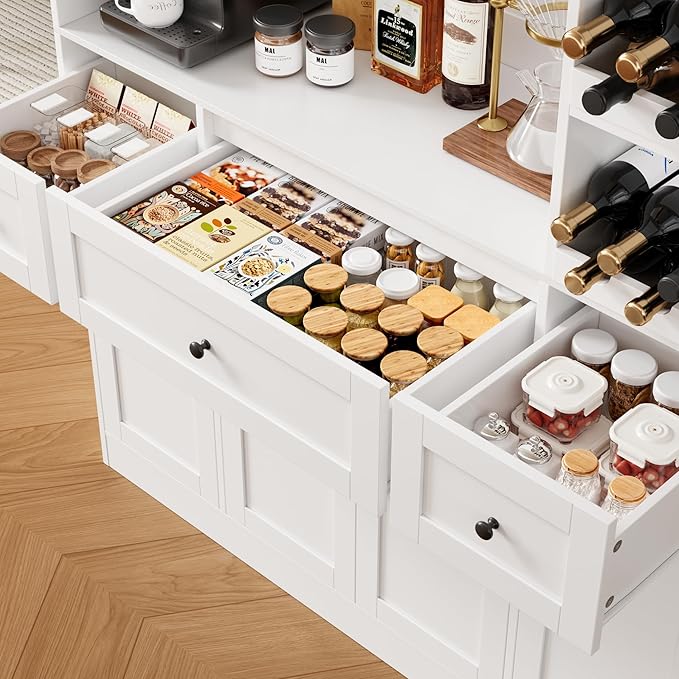 72" Tall Pantry Cabinet with Wine Rack, Kitchen Pantry Cabinet with Microwave Stand, Large Kitchen Hutch with Drawers, Food Pantry for Dining Room, White