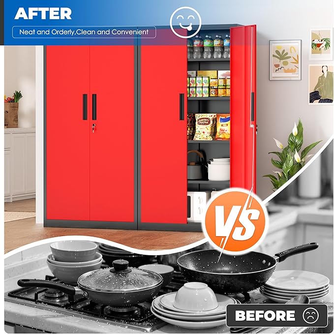 INTERGRAET 63" Tall Pantry Cabinet,Kitchen Pantry Storage Cabinets with 2 Doors and 4 Shelves,Black Red Metal Storage Cabinet,Cupboard for Home,Kitchen,Living Room/Dining