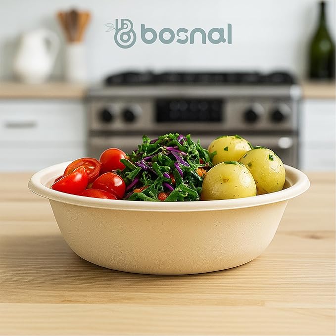 BOSNAL 10 Inch Round Plates with 32 oz Bowls ??25 Plates, 25 Bowls,100% Plant-Based Sugarcane Bagasse, Eco-Friendly Disposable Dinnerware for Hot & Cold Meals, Microwave Safe