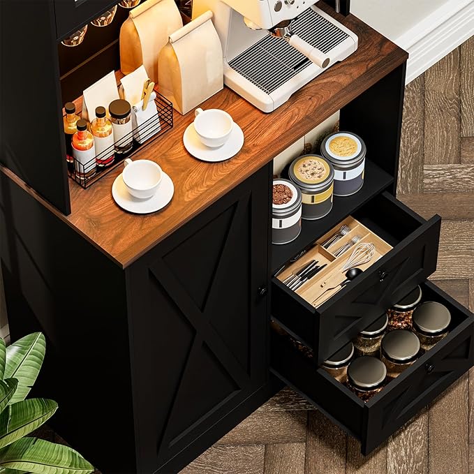 71?섃셁itchen Pantry Storage Cabinet with LED Lights and Power Outlet, Tall Farmhouse Kitchen Hutch with Microwave Stand,Globet Hooks and Adjustable Shelf for Dining Living Room,Black