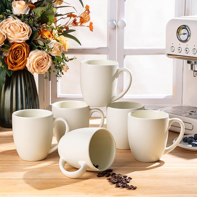 GBhome 16oz Coffee Mugs Set of 6, Large Ceramic Coffee Mugs for Man, Woman, Dad, Mom, Modern Coffee Mugs Set with handle for Tea/Latte/Cappuccino/Milk/Cocoa. Dishwasher&Microwave Safe,ivory