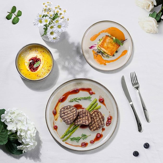 Herogo Stoneware Plates and Bowls Sets for 2, 6 Pieces Modern Round Dinnerware, Reactive Glaze Dishes Set for Kitchen, Chip Resistant, Microwave & Dishwasher Safe, Cream Khaki