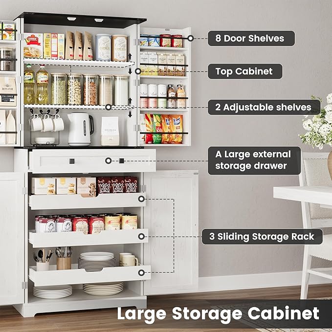 ELYKEN 72" Pantry Cabinet with Door Shelving & Sliding Shelves, Farmhouse Tall Kitchen Storage Cabinet with Door & Drawer for Dining Room, Living Room
