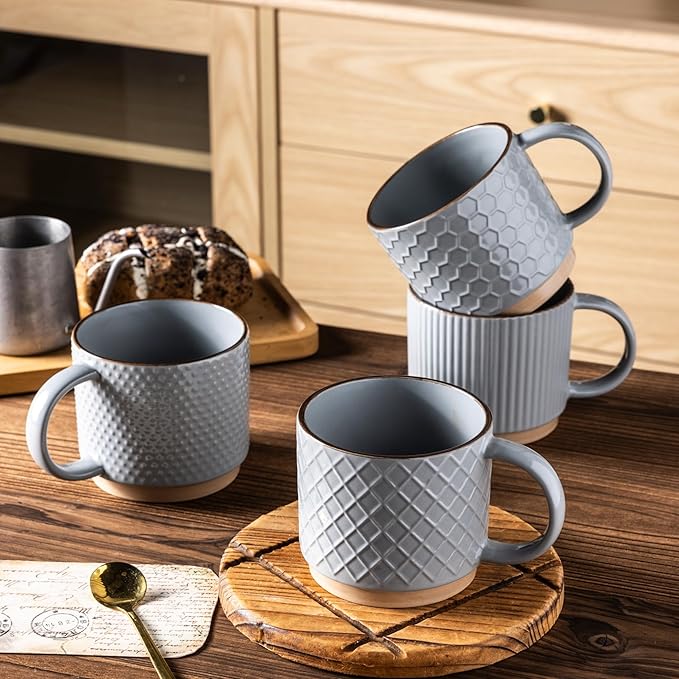 GBhome 15OZ Stackable Coffee Mugs, Ceramic Coffee Mugs with Texture Patterns for Man,Woman,Dad,Mom, Modern Coffee Cups Set of 4 for Latte/Cappuccino/Cocoa. Dishwasher&Microwave Safe, Gray