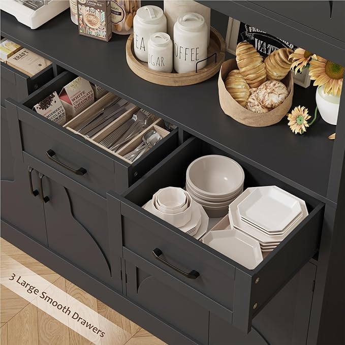 HITHOS 76" Tall Kitchen Pantry Storage Cabinet, 55??Wide Kitchen Hutch Cabinet with Storage Drawers, Large Food Pantry with Microwave Stand, Modern Cupboard with Hutch for Dining Living Room, Black