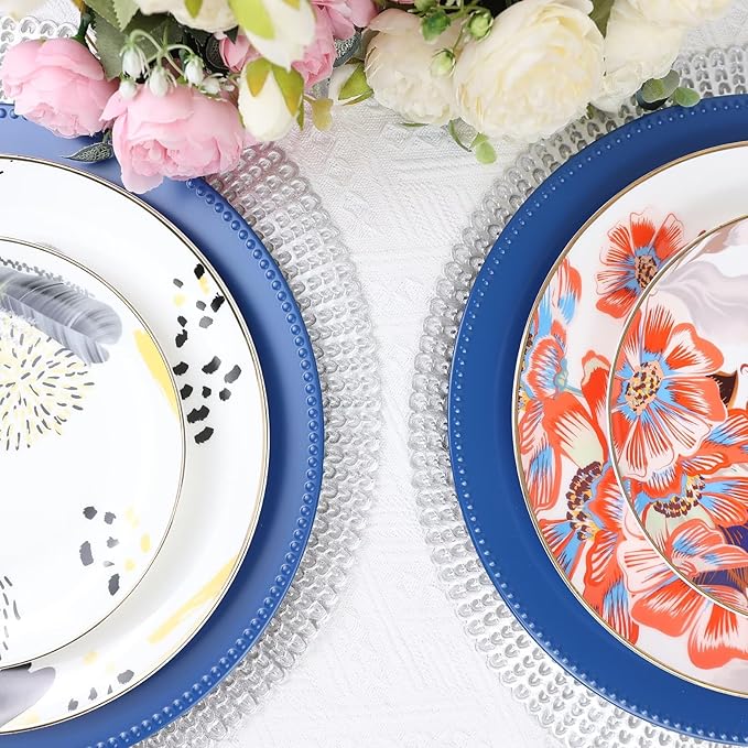 Set of 12 Plastic Blue Charger Plates, Elegant Chargers for Table Dinner Decoration, Wedding, Holiday,13"