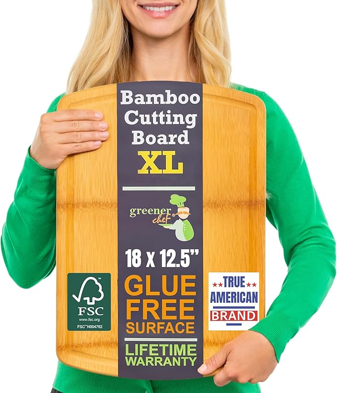 FSC-Certified Extra Large Bamboo Cutting Board Featuring 18 Inch Glue-Free Surface????XL, Non-Toxic Wooden Board for Family Kitchens, Butcher Block Style Food Prep with Lifetime Replacements