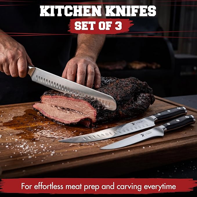 KITCHEN PERFECTION 3-Piece BBQ Slicing & Carving Meat Knife Set -12??Brisket Knife, 10??Butcher Knife, 6??Boning Knife with Sheaths -Razor Sharp German Steel,Full Tang Ergonomic Handles- Gifts for Men