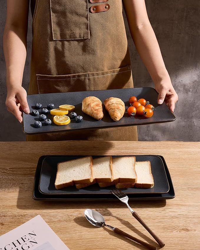 Famiware Serving Platter, Rectangular 15.67/14.1/12.6inch Serving Dishes for Entertaining, Dishwasher Safe, Stoneware Serving Trays for Party, Food, Turkey, Snack, Cheese, Reactive Glaze, Matte Black