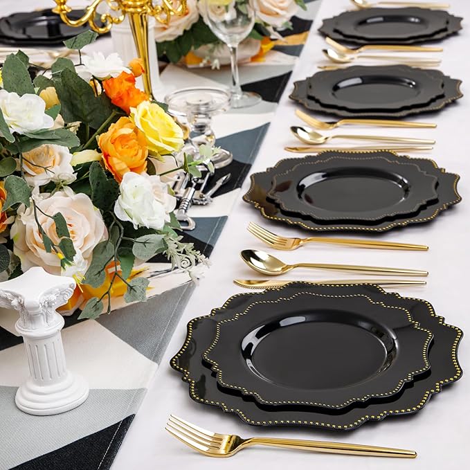 COLOSUS 60pcs Disposable Plastic Plates Set, Gold Black Party Plates, 30pcs Dinner Plates and 30pcs Salad/Dessert Plates for Wedding, Party, Anniversary, Daily Use竊똍ew Year