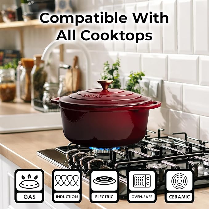 Zulay Kitchen 6 Quart Enameled Cast Iron Dutch Oven Pot with Lid ??Premium Durability & Oven Safe up to 500째F ??Heavy Duty Cookware Perfect for Bread Baking, Stews, Braising & Roasting ??Garnet