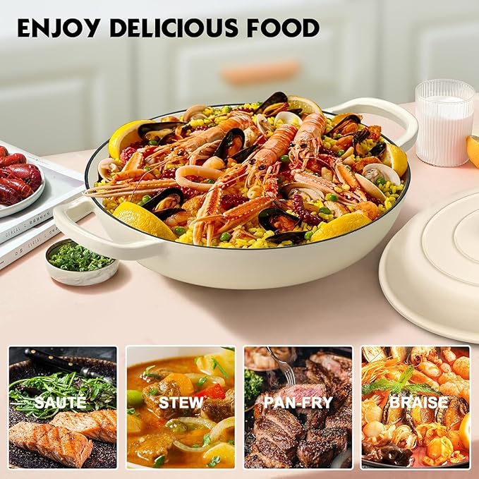 Overmont Enameled Cast Iron Dutch Oven - 3.8 Quart Dutch Oven Pot with Lid - Shallow Cookware Braising Pan - Cast iron Casserole with Cookbook & Heat-resistant Caps - Oven Safe up to 500째 F