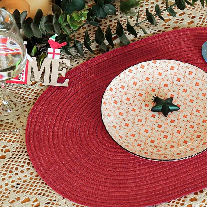 Noctiflorous Oval Braided Placemats Set of 6 Woven 12x18 Inch Non Slip Washable Heat Resistant Place Mats Round Tablemats for Dining Kitchen Party Daily Table Decor Dinner Mats (Red, 6)