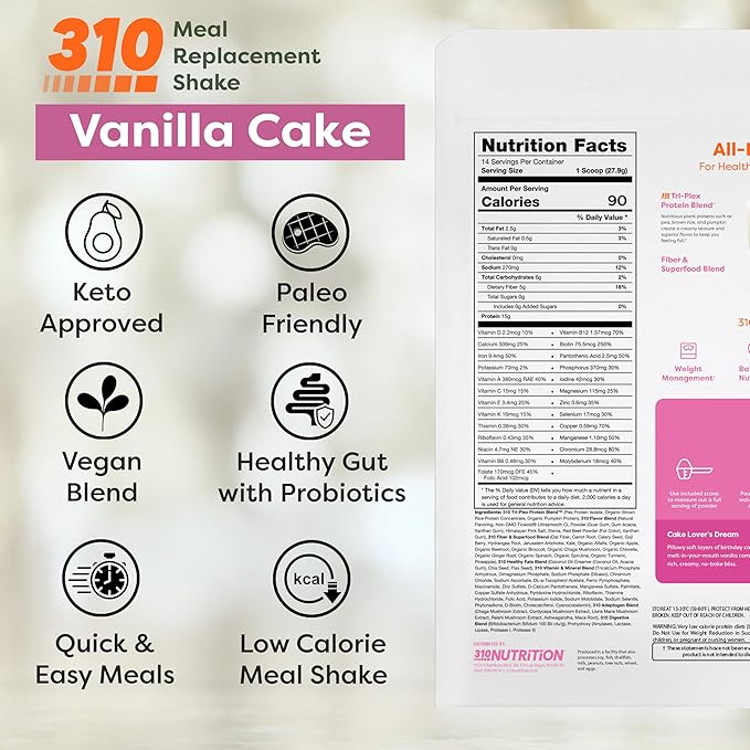 310 Nutrition All-In-One Meal Replacement Shake Powder - Plant-Based Protein Smoothie Blend w/High Fiber, Probiotics & Adaptogens - Low Carb, Vegan, Keto & Paleo Friendly - Vanilla Cake - 28 Srv