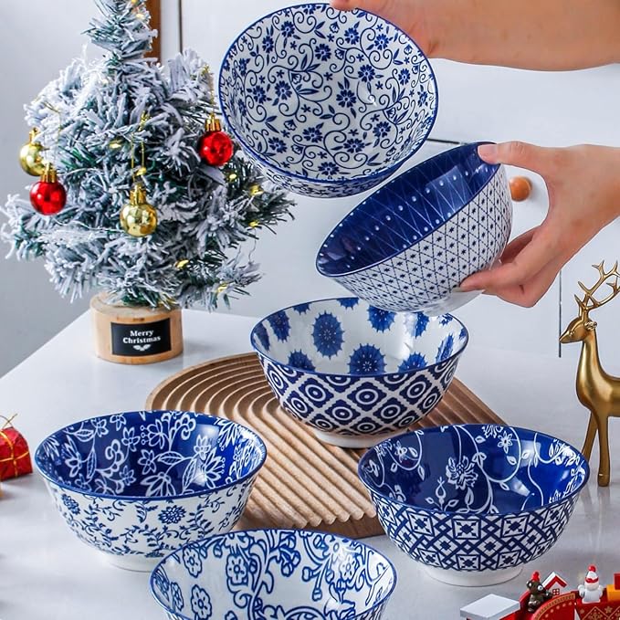 Cerkik Ceramic Soup Bowls Set - 24 Oz Deep Cereal Bowl for Kitchen - 6 Inch Large Porcelain Dinner Bowl Eating Salad Pasta Dessert Oatmeal - Microwave Dishwasher Safe - Set of 6 - Vintage Blue