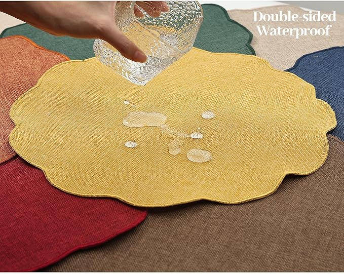 AHHFSMEI Round Faux Linen Placemats Set of 8 Waterproof Table Mats Heat Resistant Non-Slip and Stain Proof for Kitchen Dining Elegant Decor (Brown,8)