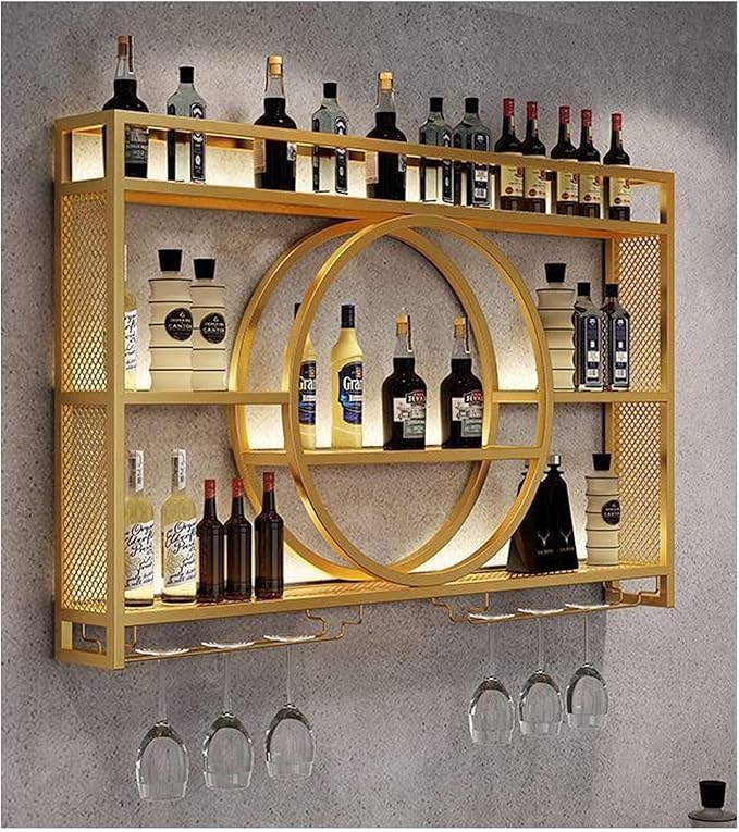 55 Inch Wall Mounted Wine Rack, 3-Tier Wall Bar Shelves for Liquor Bottles, Large Capacity Bar Shelves Wall Mounted with Glass Holder for Home Bar, Kitchen & Dining Room, Gold