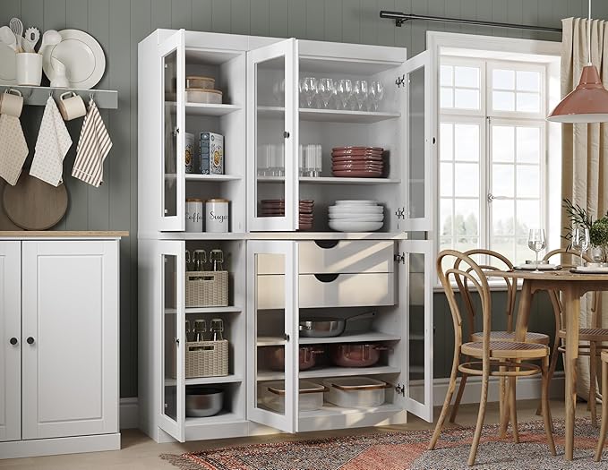 Palace Imports 100% Solid Wood 48.5" Pantry China Cabinet with Clear Glass Doors, 2-Drawers and Adjustable Shelves (White)