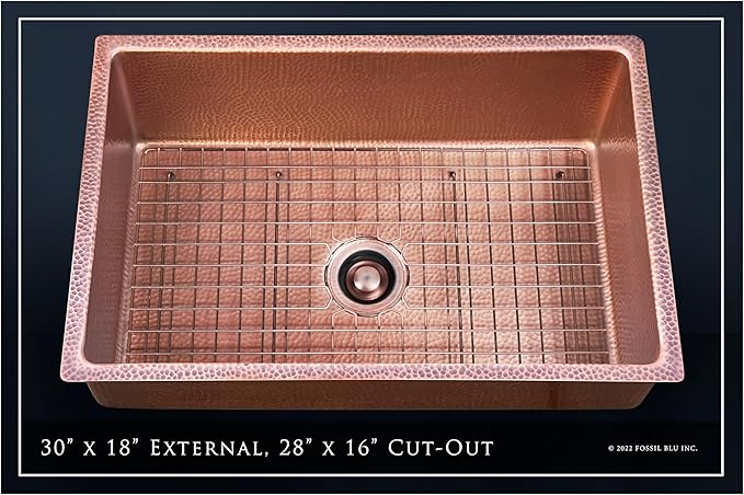 Luxury 30" Heavy 12-Gauge Hammered Copper Undermount/Drop-In Kitchen Sink, Includes Antique Copper Grid, Flange, Medium Patina, FSW1115