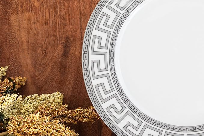 48 Piece Porcelain Dinnerware Sets for 12 ??Plates and Bowls ??White with Silver Greek Key Design Dish Set for Kitchen Table, Everyday Dining or Formal Occasions (Meander Silver)