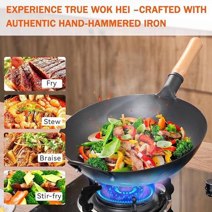 WANGYUANJI Iron Wok, 14.17 inch Traditional Round-Bottom Wok, Chef?셲 Professional Stir-Fry Pan with Wooden Handle, Chemical-Free Iron Wok for Gas Stoves and Round-Bottom Induction Stovetop