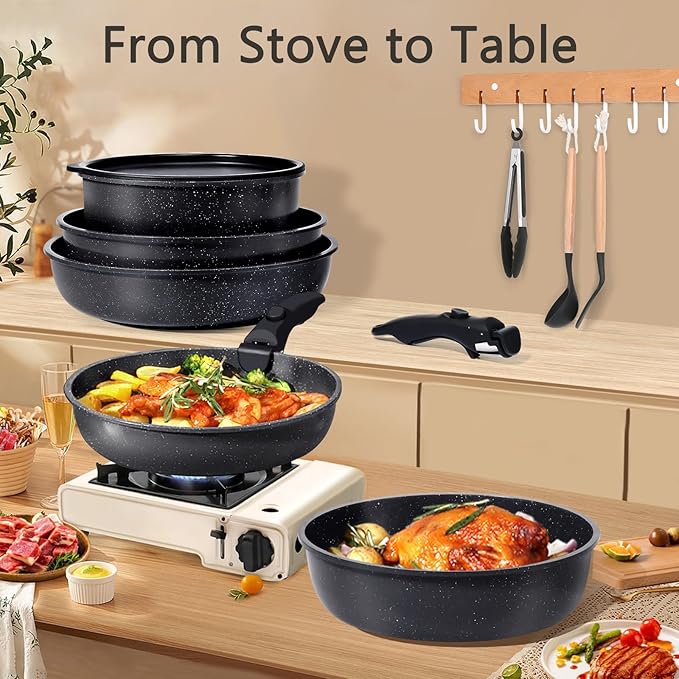 GiPP Ceramic Pots and Pans Set Non Stick, Nonstick Detachable Handle Cookware Sets, Healthy Non Toxic PFAS PFOA & PTFE Free, Dishwasher 竊냀ven Safe, Induction Kitchen Pot and Pan, 15 Piece Grey