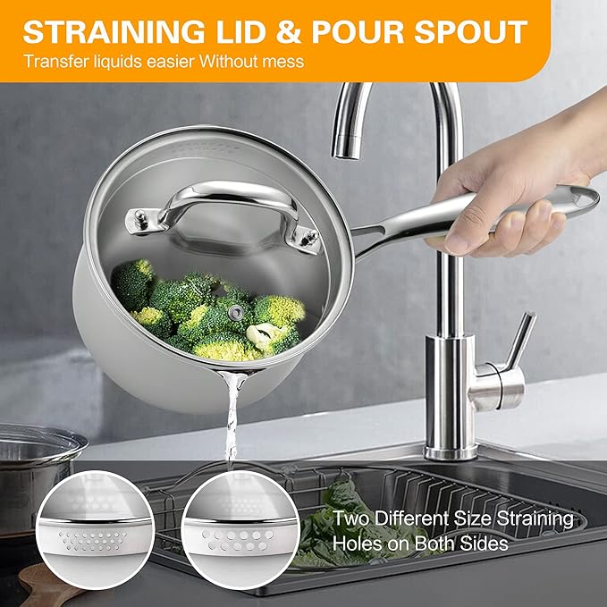 Tri-Ply Stainless Steel Sauce Pan with Steamer Basket & Straining Glass Lid ??Heavy-Duty,Thick Base,Rust-Resistant,Warp-Free ??00% Food-Grade ?볿uilt to Last??Works with All Stovetops, Pasta Pot 3.5 QT