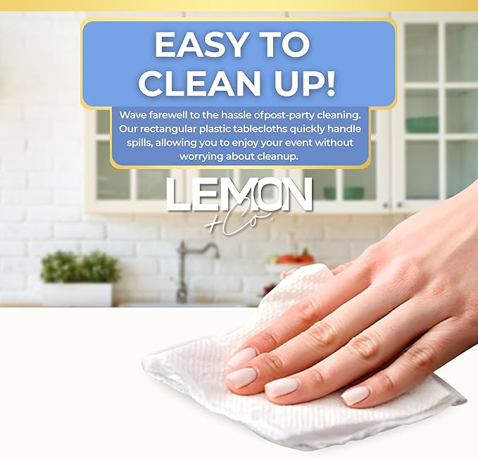 LEMON + Co. White Rectangle Table Cover Disposable Plastic Tablecloth 54 Inch. x 108 Inch. Premium Decorative Rectangle Table Cover 10 Pack