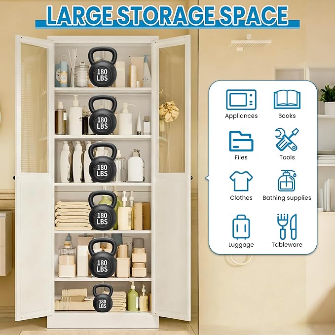 72" H White Steel Kitchen Pantry Cabinet with Glass & Metal, Steel Storage Cabinet with Adjustable Shelves, Heavy Duty Freestanding Utility Cabinet for Dining/Living Room, Assembly Required