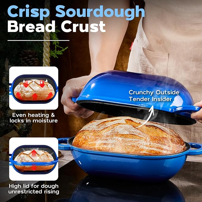 Onader 2.8QT Enameled Cast Iron Dutch Oven, Dutch Oven Pot with Lid for Sourdough Bread Baking, Oval Meatloaf Pan, Heavy Duty - Blue
