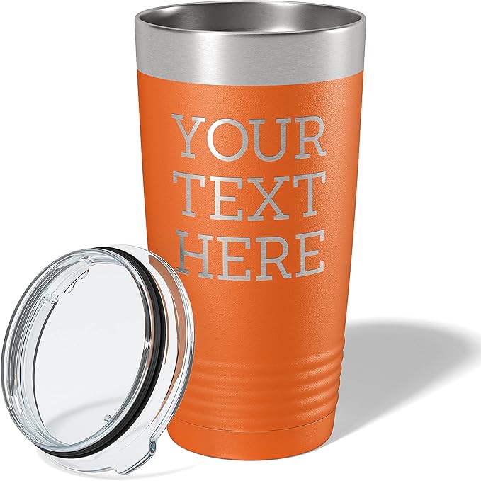 Personalized 20oz (17 Colors) Powder Coated Insulated Stainless Steel Tumbler with Lid, Custom Etched, Customized Text Message Name, Engraved Gift Idea Women Men Him Her, Your Text Here (Orange)