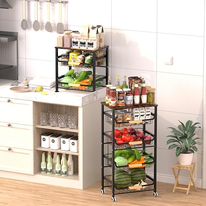 Fruit Vegetable Basket for Kitchen,3 Tier Pantry Organizer with Wheels,Snack cart with Wood Top,Metal Wire Storage Basket Organizer Baskets for Kitchen, Pantry, Bathroom