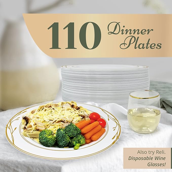 Reli. Disposable Plastic Plates, White & Gold Rim (110 Pcs, 10.25") | Hard Plastic Dinner Plate | Elegant, Heavy Duty Disposable Round Platters for Party, Wedding, Event, Christmas (Gold Trim)