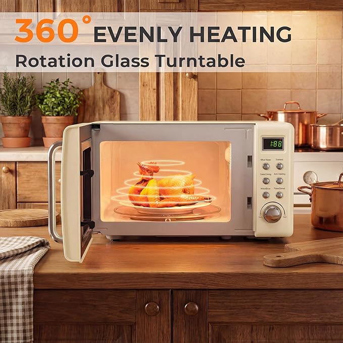 ARLIME Retro Microwave 0.7Cu.ft, 700 Watt Countertop Microwave with 5 Micro Power Defrost & Auto Cooking Function, LED Display, Child Lock, Small Microwave for Kitchen, RV, Dorm, Cream White