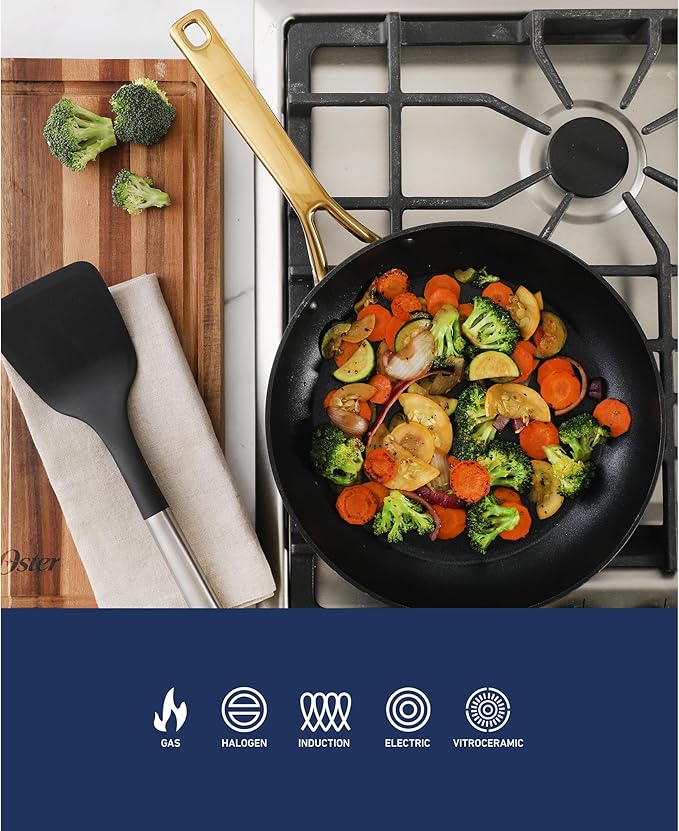 Oster Platinum Abbotsford 11-Inch Nonstick Skillet Fry Pan ??Matte Black Stripe Cookware with Gold Handle, Dishwasher Safe, Modern Kitchen Essentials