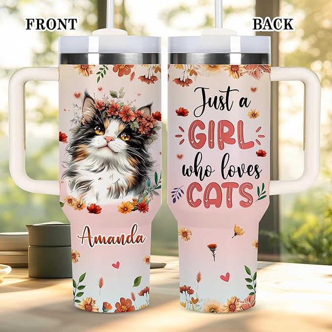 AGGLOMEKC Personalized Cute Cat Cup - Mother's Day Birthday Gift For Animal Lovers - Just A Girl Who Loves Cats Tumbler 40oz With Custom Name - Pet Lover Gifts For Women, Her
