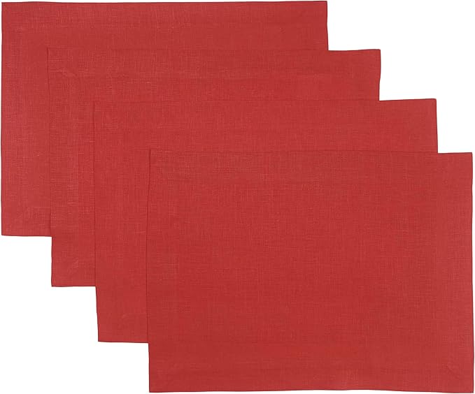 D'Moksha Homes Linen Placemats 14 x 19 Inch - Bright Red Placemats Set of 4-100% Pure Linen Table Place Mats for Valentines, Spring, Easter - Handcrafted and Machine Washable