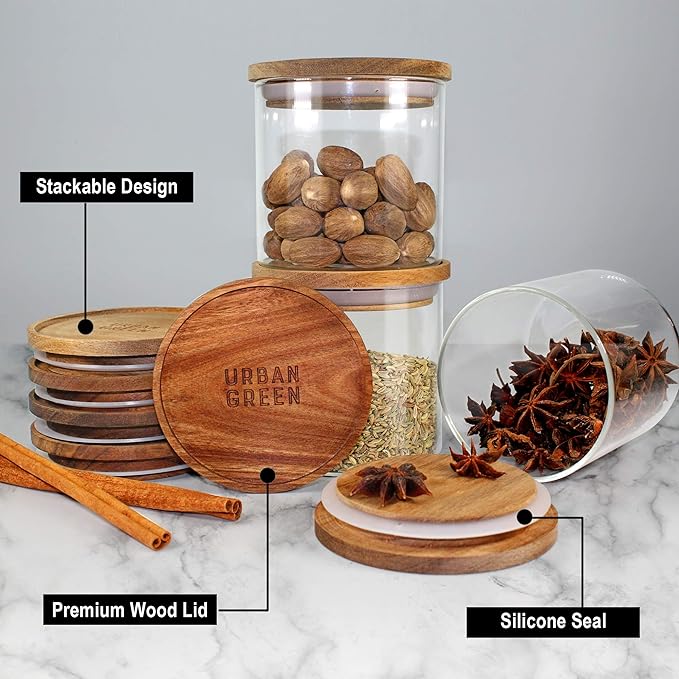 Urban Green Glass Jars with Airtight Lids, Airtight Glass Canisters set, Large Food Storage Containers with Wood Lids, 2 Pack of 100oz竊?Dry Food Pantry Jars, Flour Containers