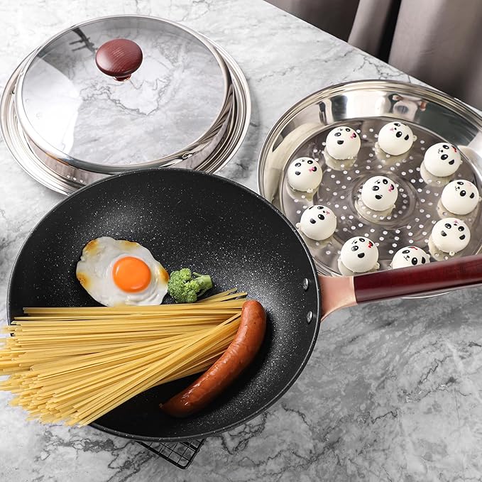 12.5-Inch Carbon Steel Wok Pan with Lid: Woks & Stir-Fry Pans Nonstick with Steamer for Cooking Pan Set, Large Deep Chinese Frying Saute Pan Wok Skillet, Induction Compatible, Stay-Cool Handle, Gifts