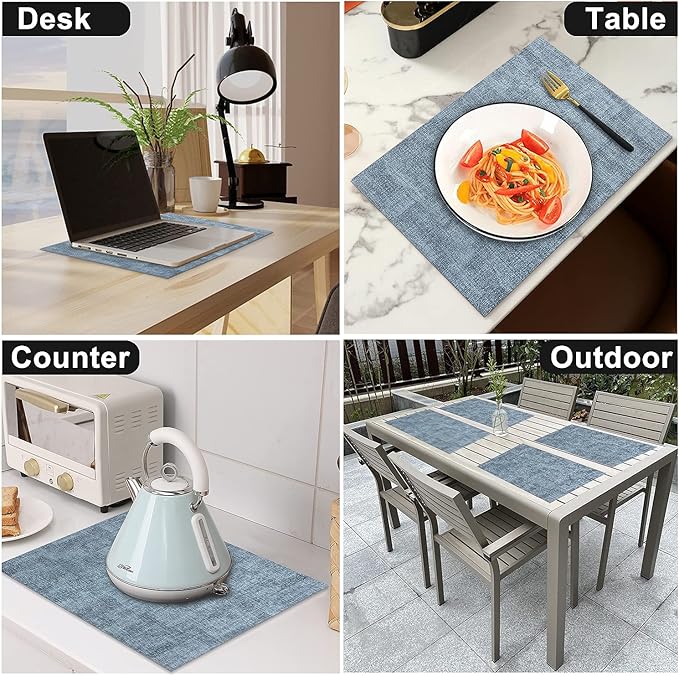 LANDVIEW Leather Heat Resistant Placemats Set of 6 Waterproof Wipeable Washable PU Table Mats,Easy to Clean Anti-Slip Place Mats (Blue, 6)