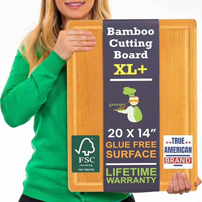20 Inch Bamboo Wood Cutting Board Featuring Super-Sized Glue-Free Surface????Heavy Duty Butcher Block for Safe Meal Prep, Chopping & Carving with Lifetime Replacements - Rectangle