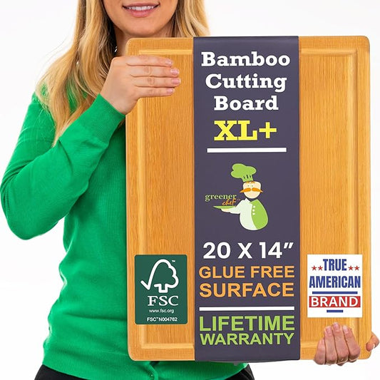 20 Inch Bamboo Wood Cutting Board Featuring Super-Sized Glue-Free Surface????Heavy Duty Butcher Block for Safe Meal Prep, Chopping & Carving with Lifetime Replacements - Rectangle